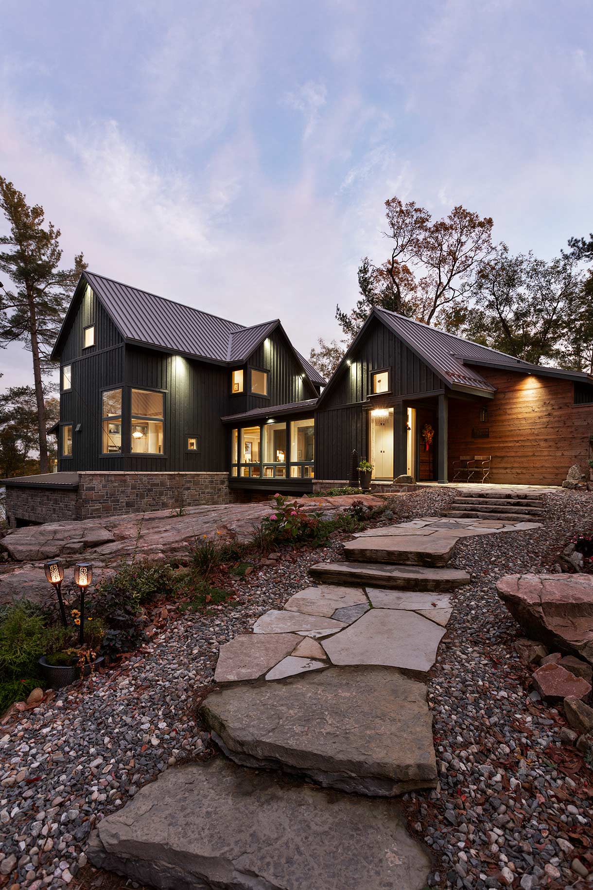 Exterior approach and entrance. Rock Haven House, Thousand Islands, Ontario, Canada.