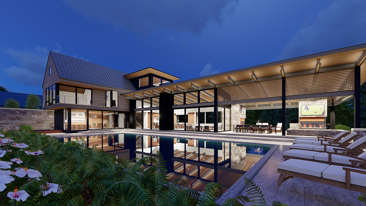 Living, dining, and kitchen pavilion with pool in foreground at night