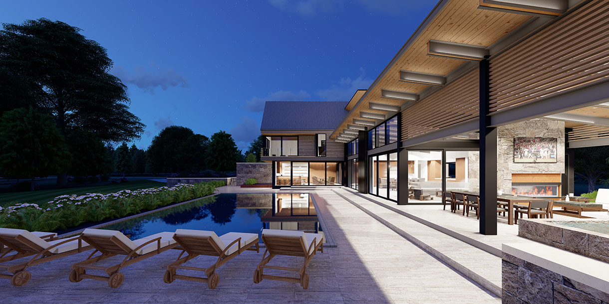 Living, dining, and kitchen pavilion opened up at night