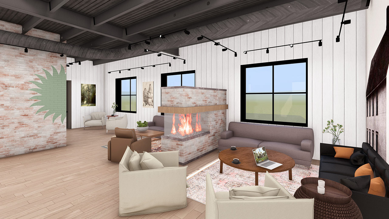 Lounge seating and fireplace