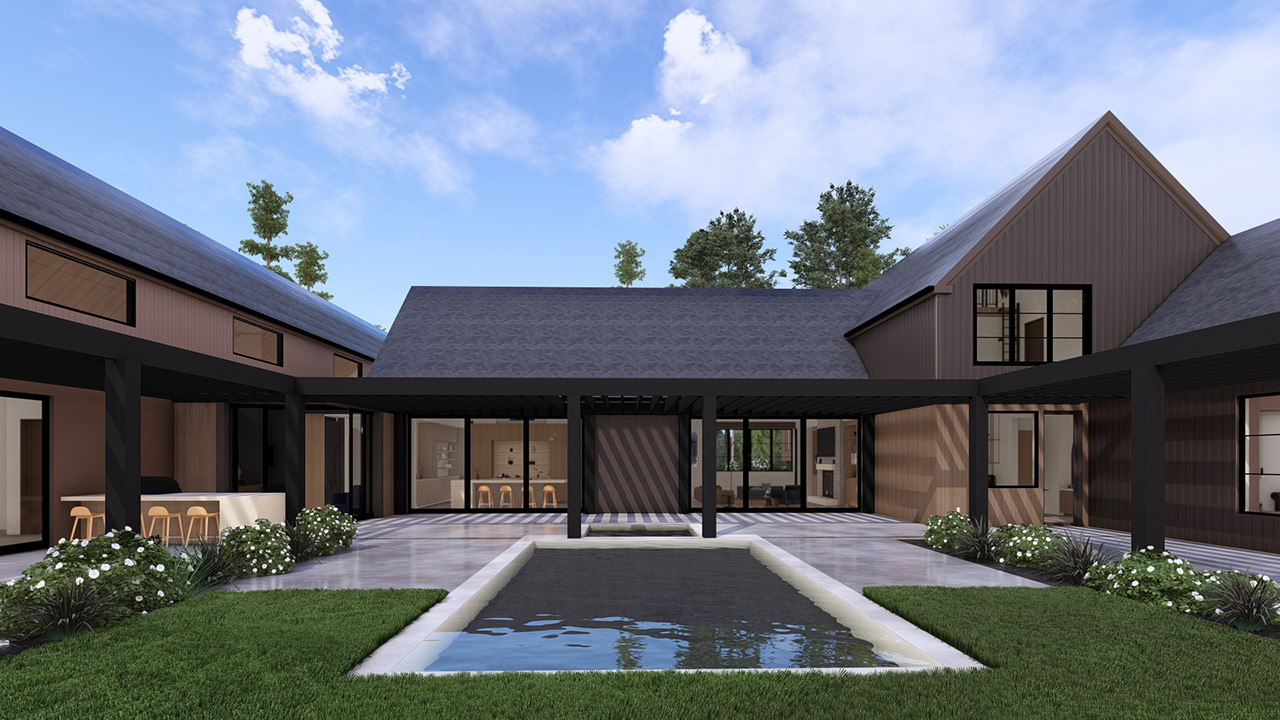 Rear of house, reflecting pool and patio