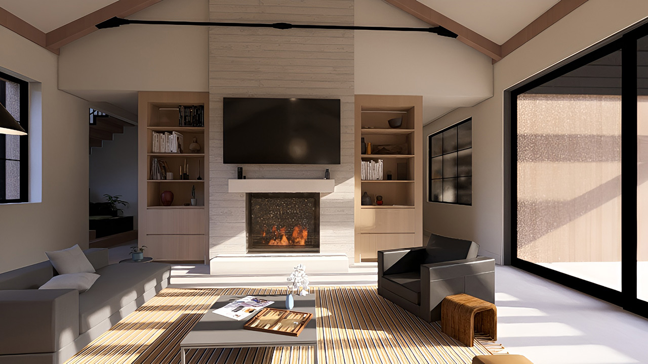 Living room and firplace flanked by built ins